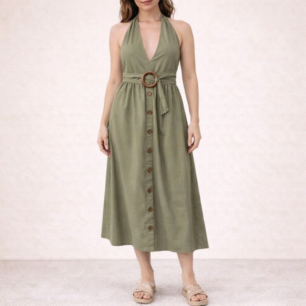 Lulus Feeling the Breeze Olive Green Buttoned Halter Backless Midi Dress Size XS